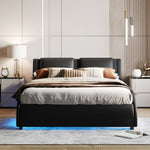 ZUN Queen Size Upholstered Faux Leather Platform Bed with LED Light Bed Frame with Slatted - Black WF296648AAB