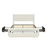 ZUN Queen Size Bed Frame with Drawers Storage, Leather Upholstered Platform Bed with Charging W1580113786