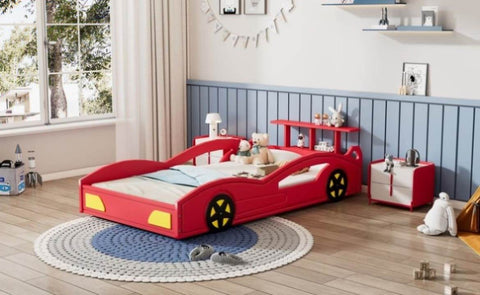ZUN Wooden Race Car Bed,Car-Shaped Platform Twin Bed with Wheels For Teens,Red & Yellow WF310553AAJ