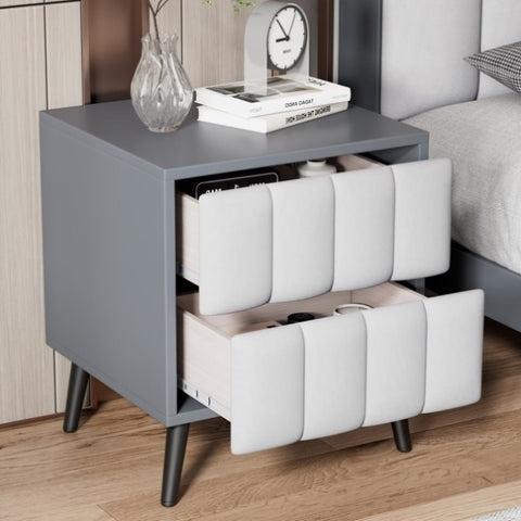 ZUN 2-Drawer Nightstand for Bedroom, Mordern Wood+Linen Bedside Table with Classic Design,Gray+White WF308967AAE