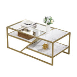 ZUN Golden Coffee Table with Storage Shelf, Tempered Glass Coffee Table with Metal Frame for Living W82151003