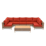 ZUN Harlow Range 7 Seats -8 Pieces Brown Wicker Patio Furniture Sets U-Shaped With Cushions And Teak W2115127844