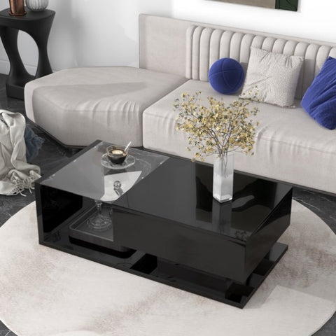 ZUN ON-TREND Modern Coffee Table with Tempered Glass, Wooden Cocktail Table with High-gloss UV Surface, WF303936AAB
