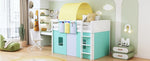 ZUN Twin Size Loft Bed with Tent and Tower and Three Pockets- Green WF312892AAF