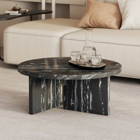 ZUN Black MDF material circular coffee table with texture, 31.4 inch black middle modern tea W1151131601