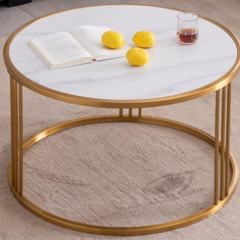 ZUN Slate/Sintered stone round coffee table with golden stainless steel frame W24750332