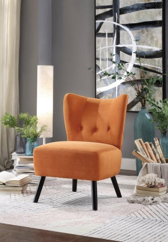 ZUN Unique Style Orange Velvet Covering Accent Chair Button-Tufted Back Brown Finish Wood Legs Modern B01143827
