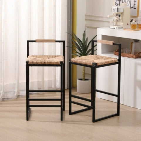 ZUN Set of 2 Water Hyacinth Woven Bar Stools with Back Support Counter Height Dining Chairs for Kitchen, W1757104751