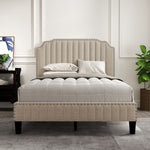 ZUN Modern Linen Curved Upholstered Platform Bed , Solid Wood Frame , Nailhead Trim, Beige WF298929AAA