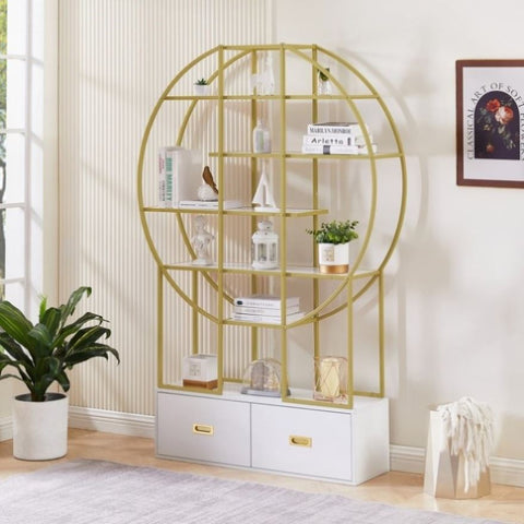 ZUN 70.8 Inch Round Office Bookcase Bookshelf, Display Shelf, Two Drawers, Gold Frame WF306850AAG