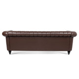 ZUN 83.46'' Brown PU Rolled Arm Chesterfield Three Seater Sofa. W68031446