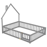 ZUN Full House-Shaped Headboard Floor Bed with Fence ,Grey W504119480