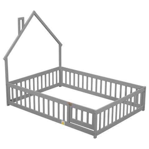 ZUN Full House-Shaped Headboard Floor Bed with Fence ,Grey W504119480