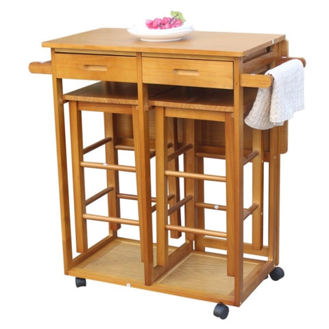 ZUN Square Solid Wood Folding Dining Cart with 2 Free Stools Brown 82683174