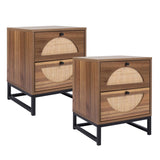 ZUN Rattan Nightstand Set of 2, Walnut End Table with 2 Natural Rattan Drawer & Metal Legs W68861193