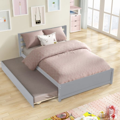 ZUN Full Size Wood Platform Bed Frame with Headboard and Twin Trundle For Grey Color W69734895