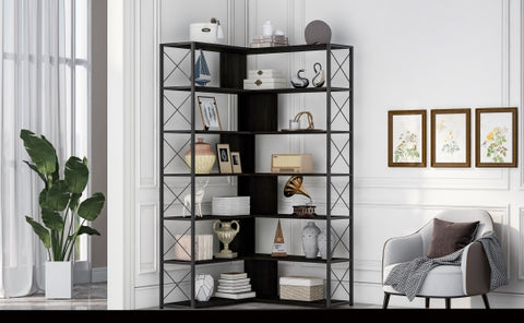 ZUN 7-Tier Bookcase Home Office Bookshelf, L-Shaped Corner Bookcase with Metal Frame, Industrial Style 02536851