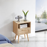 ZUN 15.75" Rattan End table with drawer and solid wood legs, Modern nightstand, side table for living W126573110