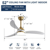 ZUN 52 Inch Indoor Ceiling Fan With Dimmable Led Light 3 Solid Wood Blades Remote Control Reversible DC W882P147813
