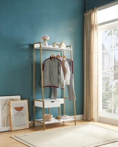 ZUN Metal Clothes Rack Open Wardrobe Free Standing with One Drawer Hanging Clothes Rod – White & Gold B107P147853