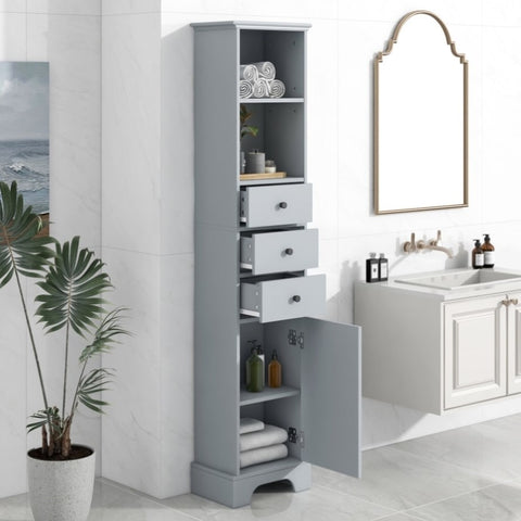 ZUN Grey Tall Bathroom Cabinet, Freestanding Storage Cabinet with 3 Drawers and Adjustable Shelf, MDF WF298152AAG