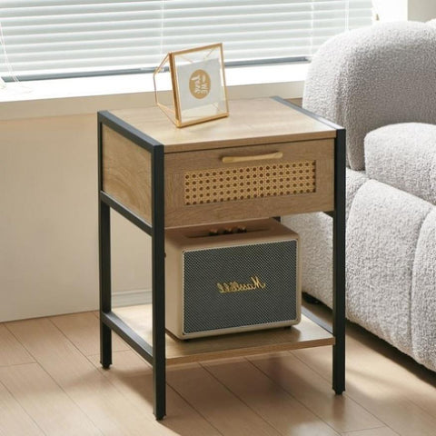 ZUN 15.74" Rattan End table with drawer, Modern nightstand, metal legs,side table for living room, W1265121744