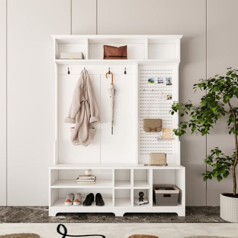 ZUN Hall Tree with Shoe Bench, Coat Rack ,Shoe Storage ,Storage Shelves and Pegboard, for Hallways, W757P148146