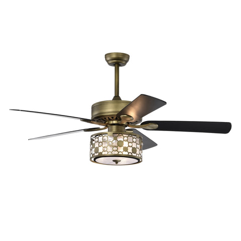 ZUN 52inch Antique Bronze Metal 3 Lights Crystal Ceiling Fan with 5 Wood Blades, Two-color fan blade, AC W1592P152766