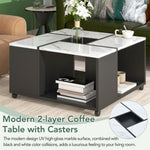 ZUN ON-TREND Modern 2-layer Coffee Table with Casters, Square Cocktail Table with Removable Tray, UV WF301228AAB