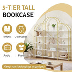 ZUN 74.8 Inch 5 Tiers Office Bookcase Bookshelf, Display Shelf with Round Top, X Bar Gold Frame WF306847AAG