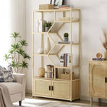 ZUN Rattan bookshelf 7 tiers Bookcases Storage Rack with cabinet for Living Room Home Office, Natural, W116283371