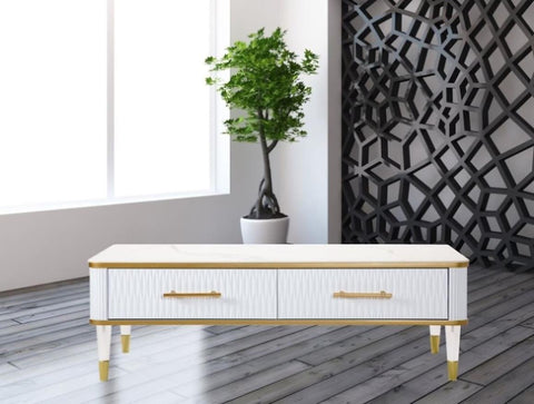 ZUN Modern White/Gold tone Sintered Matte Stone Top Coffee Table W/ Drawer B091119903