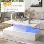 ZUN ON-TREND Modern Glossy Coffee Table With Drawer, 2-Tier Rectangle Center Table with LED lighting for WF297894AAK