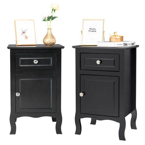 ZUN FCH 2pcs 40*30*63cm Country Style MDF Spray Paint Curved Feet One Draw One Door Night Table Black 71595633