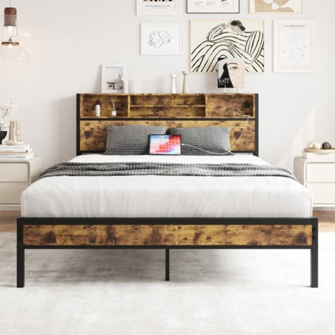 ZUN Queen Bed Frame with Storage Headboard, Metal Platform Bed with Charging Station, Bookcase Storage, W840127764