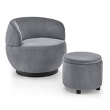 ZUN Swviel Barrel Chair with Black Stainless Steel Base, with Storage Ottoman, Velvet, Grey W48756268