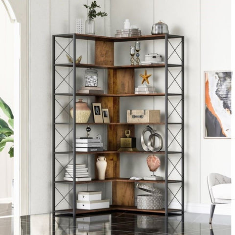 ZUN 7-Tier Bookcase Home Office Bookshelf, L-Shaped Corner Bookcase with Metal Frame, Industrial Style WF290123AAD
