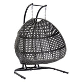 ZUN Charcoal Wicker Hanging Double-Seat Swing Chair with Stand w/Dust Blue Cushion MWTF-9716KD3