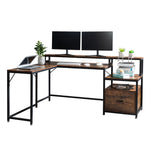 ZUN FCH Retro Wood Grain Triamine Surface Particleboard Black Iron Pipe L-shaped Shelf with File Drawer 36309812