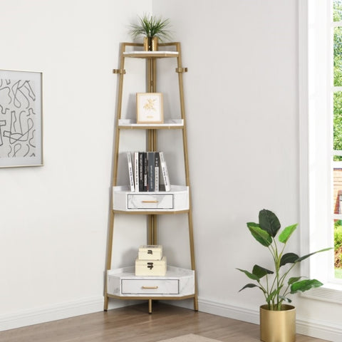 ZUN Corner Shelf with Two Drawers 72.64'' Tall, 4-tier Industrial Bookcase, Gold W107165005
