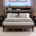 ZUN Mid Century Modern Style Queen Bed Frame with Bookshelf and LED Lights and USB Port, Walnut and WF308606AAD