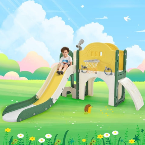 ZUN Kids Slide Playset Structure 7 in 1, Freestanding Spaceship Set with Slide, Arch Tunnel, Ring Toss PP319756AAL