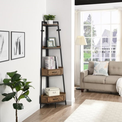 ZUN W82151008 Corner Shelf with Two Drawers 72.64'' Tall, 4-tier Industrial Bookcase, Black W107181572