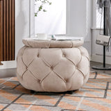ZUN Large Button Tufted Woven Round Storage Ottoman for Living Room & Bedroom,17.7"H Burlap Beige W1170101816