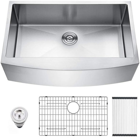 ZUN Brushed Nickel 16 gauge Stainless Steel 33 in. Single Bowl Farmhouse Apron Kitchen Sink with Bottom JYSF322BN