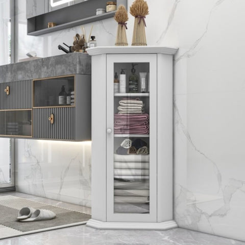 ZUN Freestanding Bathroom Cabinet with Glass Door, Corner Storage Cabinet for Bathroom, Living Room and WF304266AAK