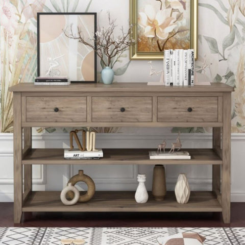 ZUN Console Table with Wood Frame and Legs, Sofa Table Entryway Table with 3 Drawers and 2 Open Shelves 96317130
