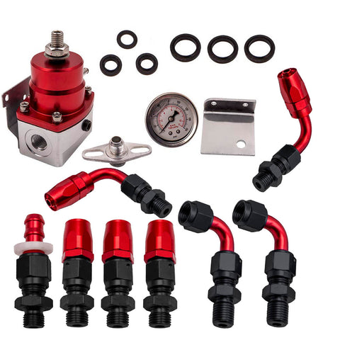 ZUN Adjustable Fuel Pressure Regulator + 100psi Guage Red & Blue Kit -6AN Fitting 34234226
