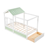 ZUN Twin Size House Bed with Roof, Window and Drawer - Green + White WF296137AAF