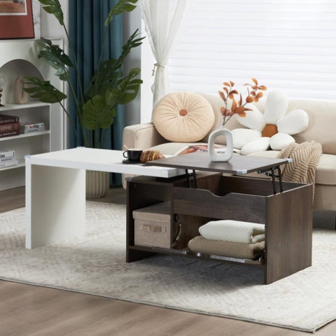 ZUN 59" L Large Wood Coffee Table with Storage, Modern Extendable Transformer Table with Trunk/Open 25186831